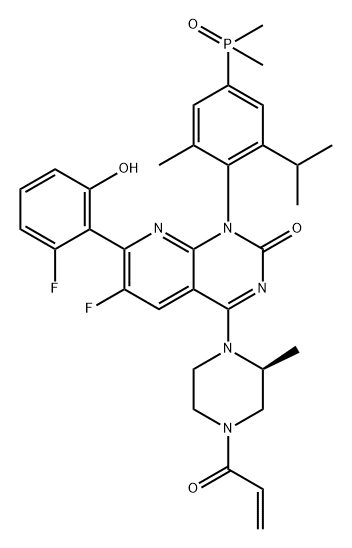 Pyrido[2,3-d]pyrimidin-2(1H)-one, 1-[4-(dimethylphosphinyl)-2-methyl-6-(1-methylethyl)phenyl]-6-fluoro-7-(2-fluoro-6-hydroxyphenyl)-4-[(2S)-2-methyl-4-(1-oxo-2-propen-1-yl)-1-piperazinyl]- 结构式
