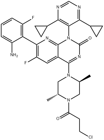 Pyrido[2,3-d]pyrimidin-2(1H)-one, 7-(2-amino-6-fluorophenyl)-4-[(2S,5R)-4-(3-chloro-1-oxopropyl)-2,5-dimethyl-1-piperazinyl]-1-(4,6-dicyclopropyl-5-pyrimidinyl)-6-fluoro- 结构式