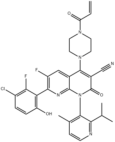 1,8-Naphthyridine-3-carbonitrile, 7-(3-chloro-2-fluoro-6-hydroxyphenyl)-6-fluoro-1,2-dihydro-1-[4-methyl-2-(1-methylethyl)-3-pyridinyl]-2-oxo-4-[4-(1-oxo-2-propen-1-yl)-1-piperazinyl]- 结构式