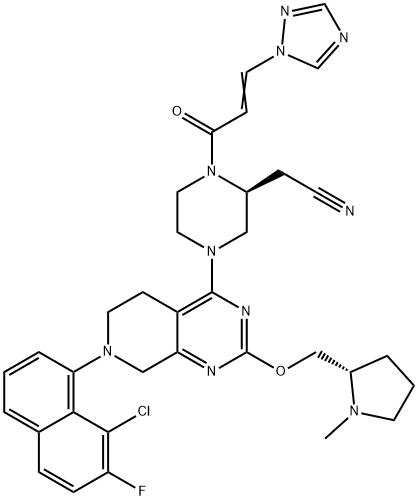 2-Piperazineacetonitrile, 4-[7-(8-chloro-7-fluoro-1-naphthalenyl)-5,6,7,8-tetrahydro-2-[[(2S)-1-methyl-2-pyrrolidinyl]methoxy]pyrido[3,4-d]pyrimidin-4-yl]-1-[1-oxo-3-(1H-1,2,4-triazol-1-yl)-2-propen-1-yl]-, (2S)- 结构式