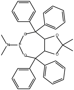 1,3-Dioxolo[4,5-e][1,3,2]dioxaphosphepin-6-amine, tetrahydro-N,N,2,2-tetramethyl-4,4,8,8-tetraphenyl- 结构式