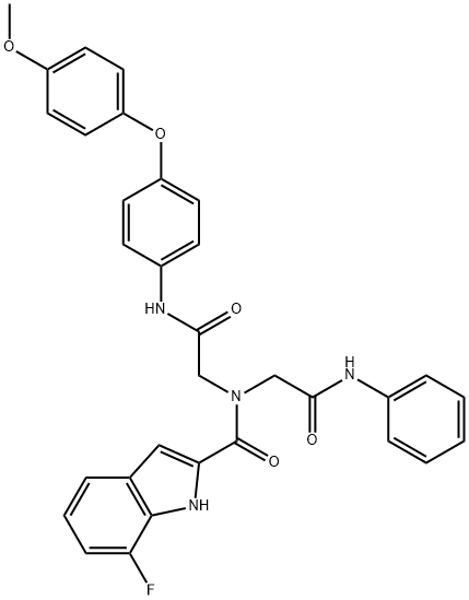 1H-Indole-2-carboxamide, 7-fluoro-N-[2-[[4-(4-methoxyphenoxy)phenyl]amino]-2-oxoethyl]-N-[2-oxo-2-(phenylamino)ethyl]- 结构式