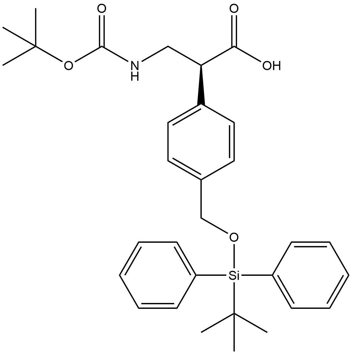 (S)-3-((叔丁氧基羰基)氨基)-2-(4-(((叔丁氧基二苯基甲硅烷基)氧基)甲基)苯基)丙酸 结构式