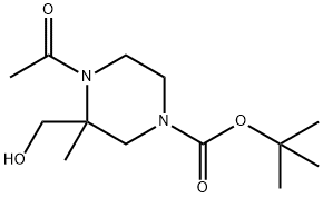 1,1-Dimethylethyl 4-acetyl-3-(hydroxymethyl)-3-methyl-1-piperazinecarboxylate 结构式