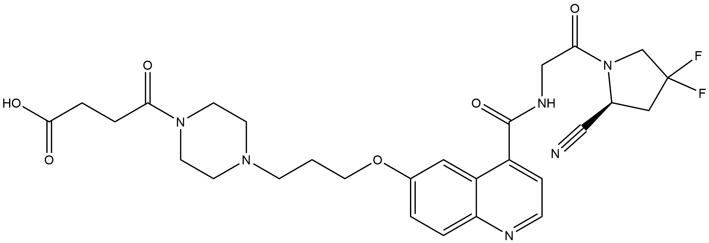 (S)-4-(4-(3-((4-((2-(2-CYANO-4,4-DIFLUOROPYRROLIDIN-1-YL)-2-OXOETHYL)CARBAMOYL)QUINOLIN-6-YL)OXY)PROPYL)PIPERAZIN-1-YL)-4-OXOBUTANOIC ACID 结构式