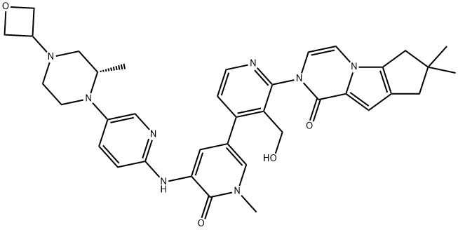 2H-Cyclopenta[4,5]pyrrolo[1,2-a]pyrazin-1(6H)-one, 2-[1,6-dihydro-3'-(hydroxymethyl)-1-methyl-5-[[5-[(2S)-2-methyl-4-(3-oxetanyl)-1-piperazinyl]-2-pyridinyl]amino]-6-oxo[3,4'-bipyridin]-2'-yl]-7,8-dihydro-7,7-dimethyl- 结构式