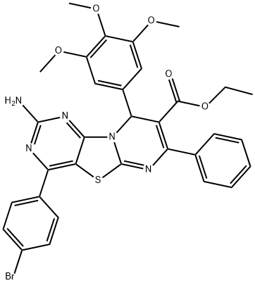 9H-Pyrimido[4',5':4,5]thiazolo[3,2-a]pyrimidine-8-carboxylic acid, 2-amino-4-(4-bromophenyl)-7-phenyl-9-(3,4,5-trimethoxyphenyl)-, ethyl ester 结构式