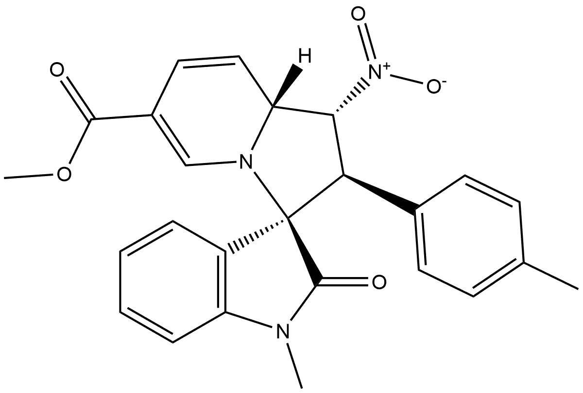 rel-Methyl (1′R,2′R,3R,8′aR)-1,1′,2,8′a-tetrahydro-1-methyl-2′-(4-methylphenyl)-1′-nitro-2-oxospiro[3H-indole-3,3′(2′H)-indolizine]-6′-carboxylate 结构式