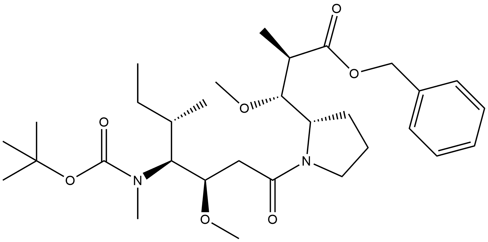 2-?Pyrrolidinepropanoic acid, 1-?[(3R,?4S,?5S)?-?4-?[[(1,?1-?dimethylethoxy)?carbonyl]?methylamino]?-?3-?methoxy-?5-?methyl-?1-?oxoheptyl]?-?β-?methoxy-?α-?methyl-?, phenylmethyl ester, (αR,?βR,?2S)?- 结构式