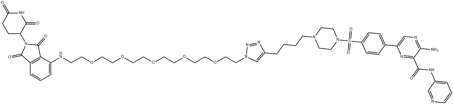 3-Amino-6-[4-[[4-[4-[1-[17-[[2-(2,6-dioxo-3-piperidinyl)-2,3-dihydro-1,3-dioxo-1H-isoindol-4-yl]amino]-3,6,9,12,15-pentaoxaheptadec-1-yl]-1H-1,2,3-triazol-4-yl]butyl]-1-piperazinyl]sulfonyl]phenyl]-N-3-pyridinyl-2-pyrazinecarboxamide 结构式