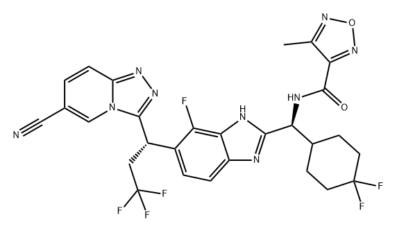 1,2,5-Oxadiazole-3-carboxamide, N-[(S)-[6-[(1S)-1-(6-cyano-1,2,4-triazolo[4,3-a]pyridin-3-yl)-3,3,3-trifluoropropyl]-7-fluoro-1H-benzimidazol-2-yl](4,4-difluorocyclohexyl)methyl]-4-methyl- 结构式