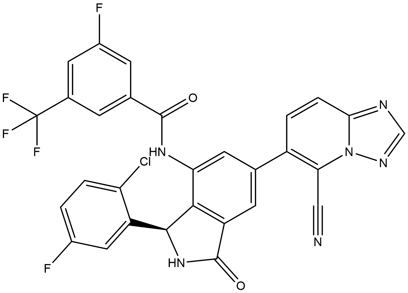 (R)-N-(3-(2-氯-5-氟苯基)-6-(5-氰基-[1,2,4]三唑并[1,5-A]吡啶-6-基)-1-氧代异吲哚啉-4-基)-3-氟-5-(三氟甲基)苯甲酰胺 结构式