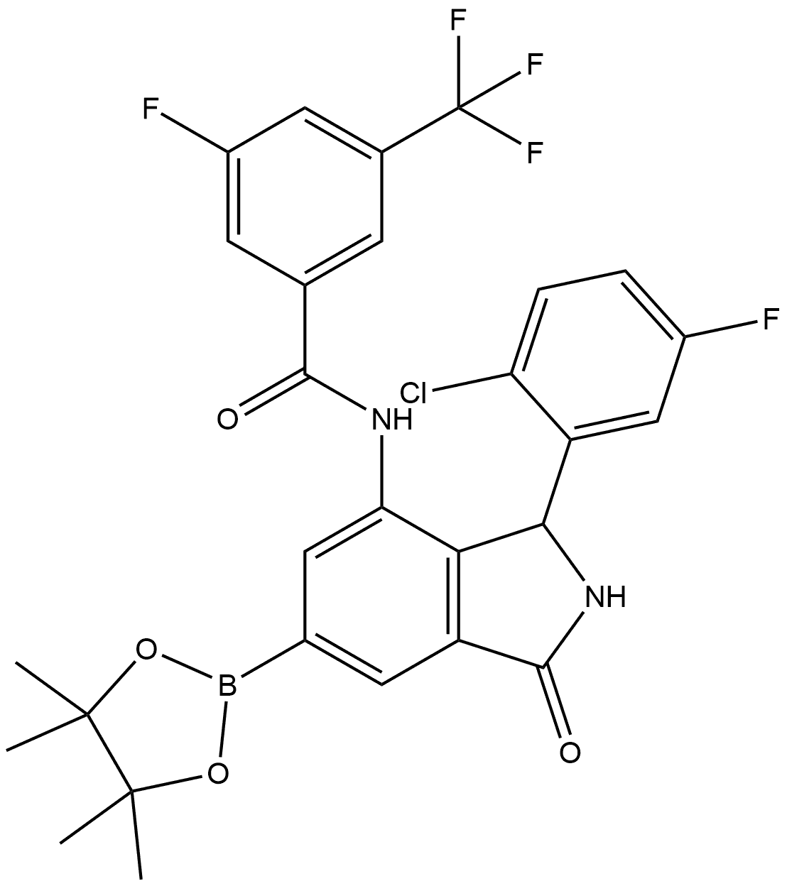 N-(3-(2-氯-5-氟苯基)-1-氧代-6-(4,4,5,5-四甲基-1,3,2-二氧硼杂硼烷-2-基)异吲哚啉-4-基) -3-氟-5-(三氟甲基)苯甲酰胺 结构式