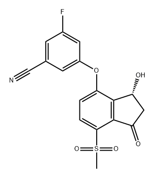 (R)-3-氟-5-((3-羟基-7-(甲磺酰基)-1-氧代-2,3-二氢-1H-茚-4-基)氧基)苯腈 结构式