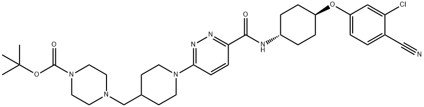 1-Piperazinecarboxylic acid, 4-[[1-[6-[[[trans-4-(3-chloro-4-cyanophenoxy)cyclohexyl]amino]carbonyl]-3-pyridazinyl]-4-piperidinyl]methyl]-, 1,1-dimethylethyl ester 结构式