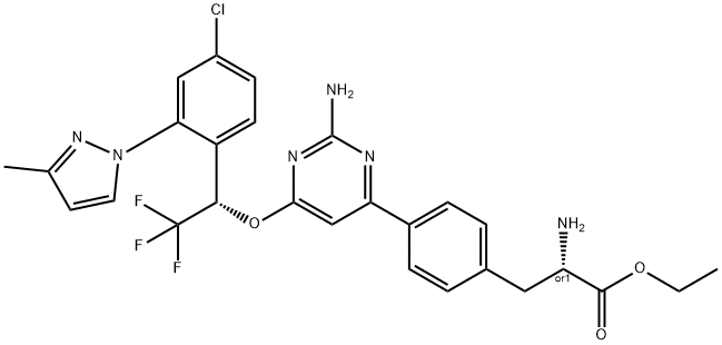 丙酸乙酯(S)-2-氨基-3-(4-(2-氨基-6-((S)-1-(4-氯-2-(3-甲基-1H-吡唑-1-基)苯基)-2,2,2-三氟乙氧基)嘧啶-4-基)苯基 结构式