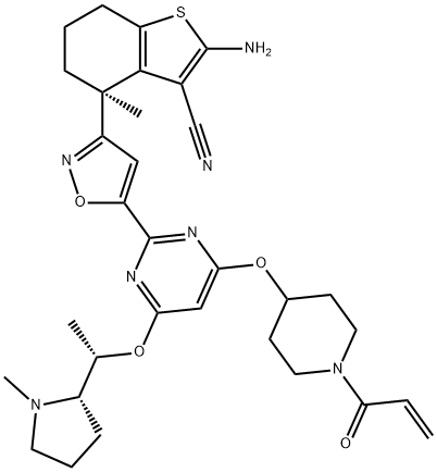 Benzo[b]thiophene-3-carbonitrile, 2-amino-4,5,6,7-tetrahydro-4-methyl-4-[5-[4-[(1S)-1-[(2S)-1-methyl-2-pyrrolidinyl]ethoxy]-6-[[1-(1-oxo-2-propen-1-yl)-4-piperidinyl]oxy]-2-pyrimidinyl]-3-isoxazolyl]-, (4S)- 结构式