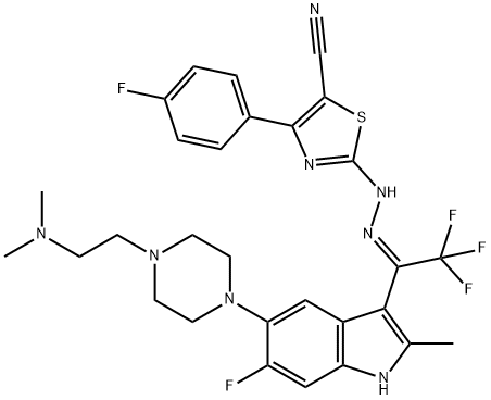 5-Thiazolecarbonitrile, 2-[(2Z)-2-[1-[5-[4-[2-(dimethylamino)ethyl]-1-piperazinyl]-6-fluoro-2-methyl-1H-indol-3-yl]-2,2,2-trifluoroethylidene]hydrazinyl]-4-(4-fluorophenyl)- 结构式