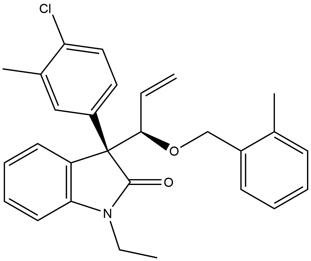 (3R)-3-(4-Chloro-3-methylphenyl)-1-ethyl-1,3-dihydro-3-[(1R)-1-[(2-methylphenyl)methoxy]-2-propen-1-yl]-2H-indol-2-one 结构式