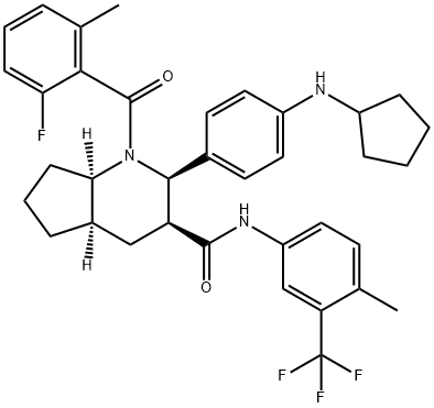 1H-Cyclopenta[b]pyridine-3-carboxamide, 2-[4-(cyclopentylamino)phenyl]-1-(2-fluoro-6-methylbenzoyl)octahydro-N-[4-methyl-3-(trifluoromethyl)phenyl]-, (2R,3S,4aR,7aR)- 结构式