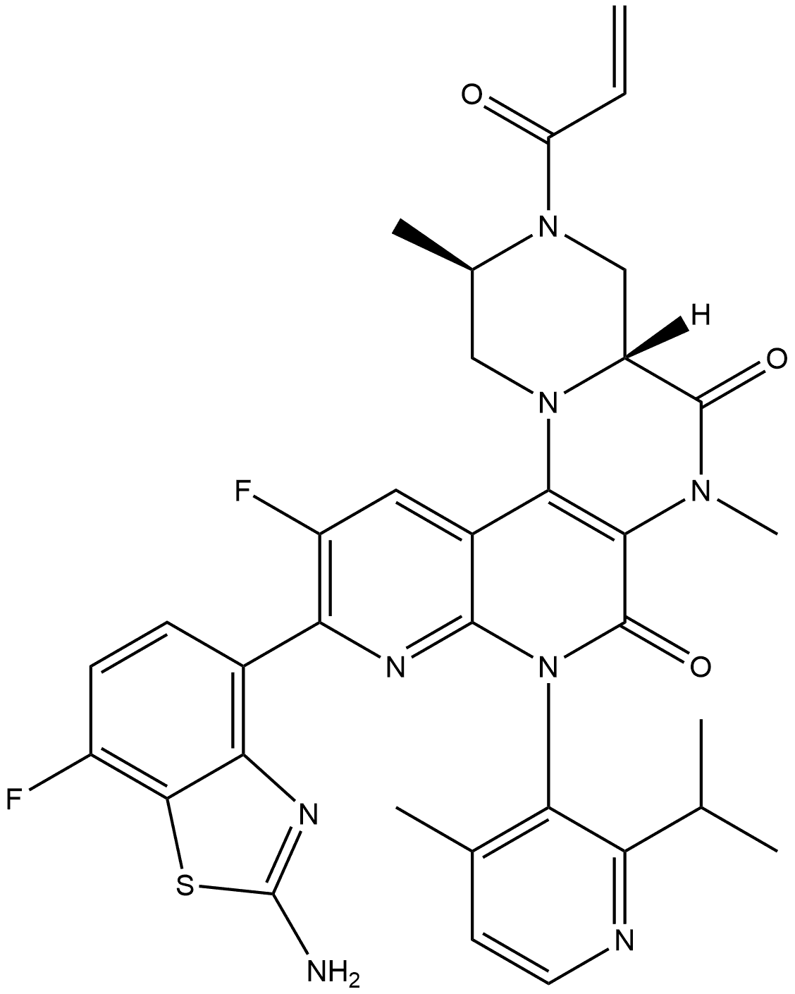 (2R,4aR)-10-(2-Amino-7-fluoro-4-benzothiazolyl)-11-fluoro-2,3,4,4a,6,8-hexahydro-2,6-dimethyl-8-[4-methyl-2-(1-methylethyl)-3-pyridinyl]-3-(1-oxo-2-propen-1-yl)-1H-pyrazino[1′,2′:4,5]pyrazino[2,3-c][1,8]naphthyridine-5,7-dione 结构式