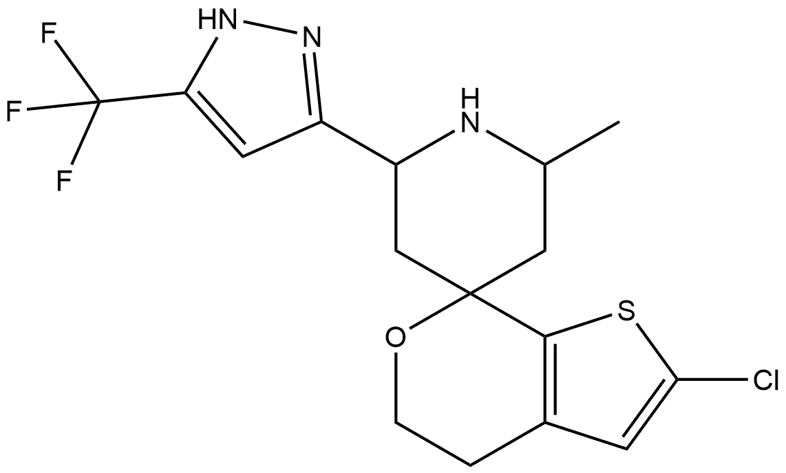 2'-chloro-2-methyl-6-(5-(trifluoromethyl)-1H-pyrazol-3-yl)-4',5'-dihydrospiro[piperidine-4,7'-thieno[2,3-c]pyran 结构式