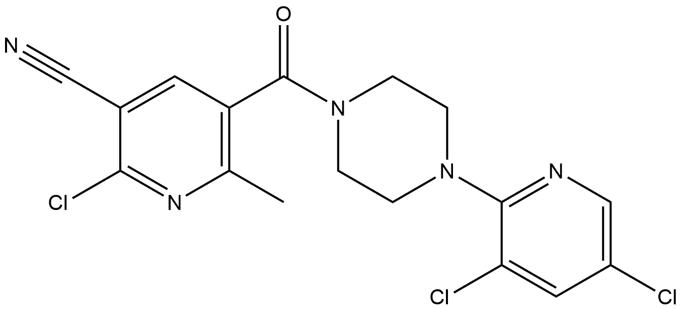 2-chloro-5-(4-(3,5-dichloropyridin-2-yl)piperazine-1-carbonyl)-6-methylnicotinonitrile 结构式