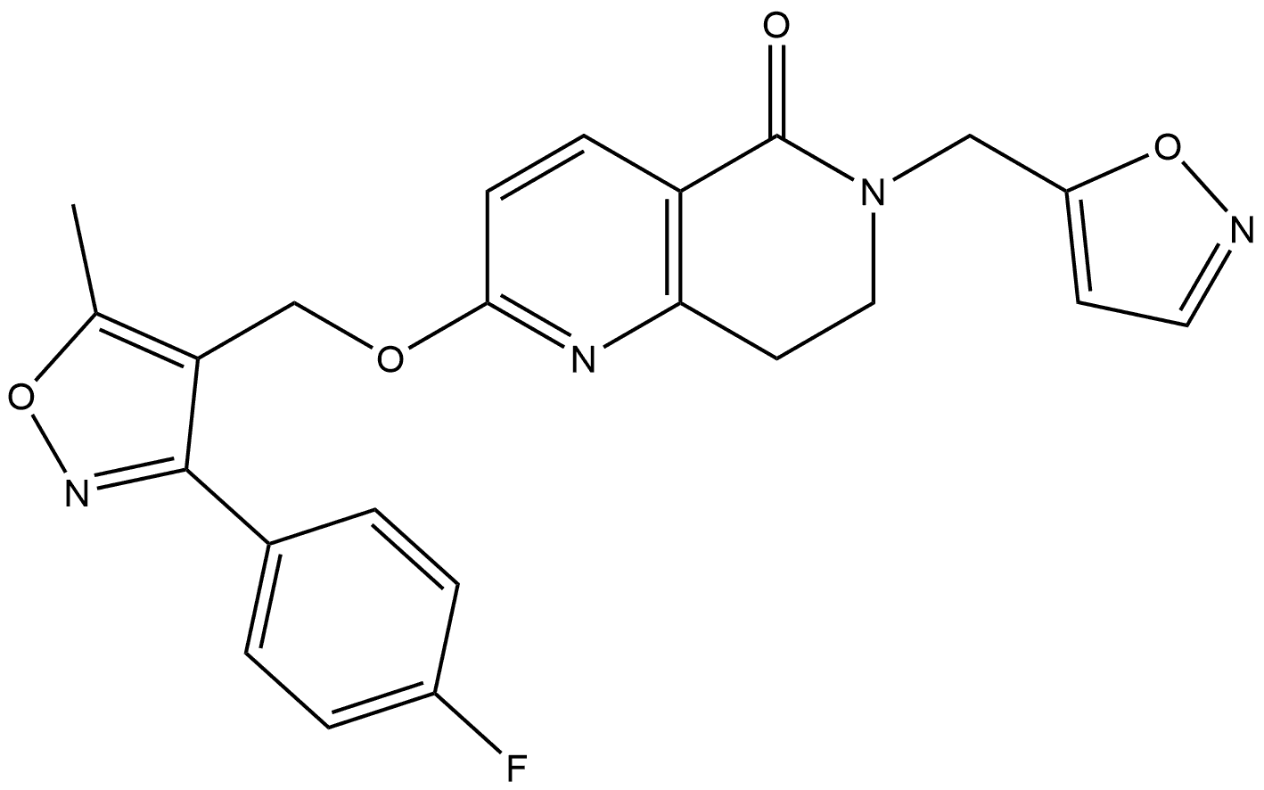 2-((3-(4-fluorophenyl)-5-methylisoxazol-4-yl)methoxy)-6-(isoxazol-5-ylmethyl)-7,8-dihydro-1,6-naphthyridin-5(6H)-one 结构式