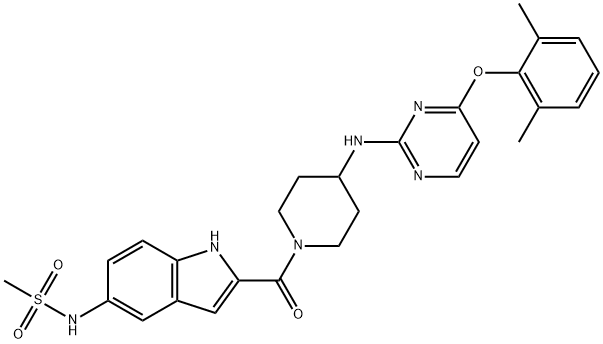 N-[2-[[4-[[4-(2,6-Dimethylphenoxy)-2-pyrimidinyl]amino]-1-piperidinyl]carbonyl]-1H-indol-5-yl]methanesulfonamide 结构式