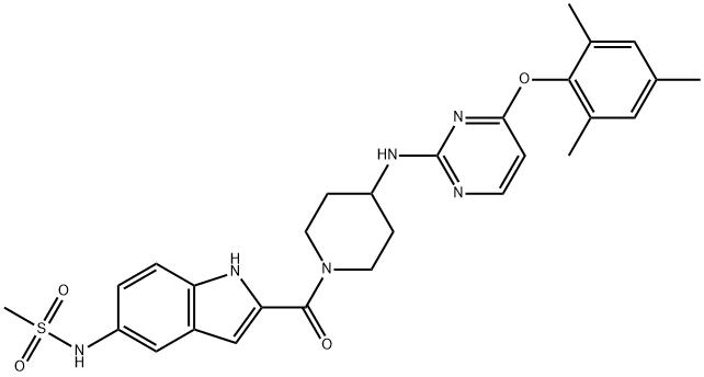 N-[2-[[4-[[4-(2,4,6-Trimethylphenoxy)-2-pyrimidinyl]amino]-1-piperidinyl]carbonyl]-1H-indol-5-yl]methanesulfonamide 结构式