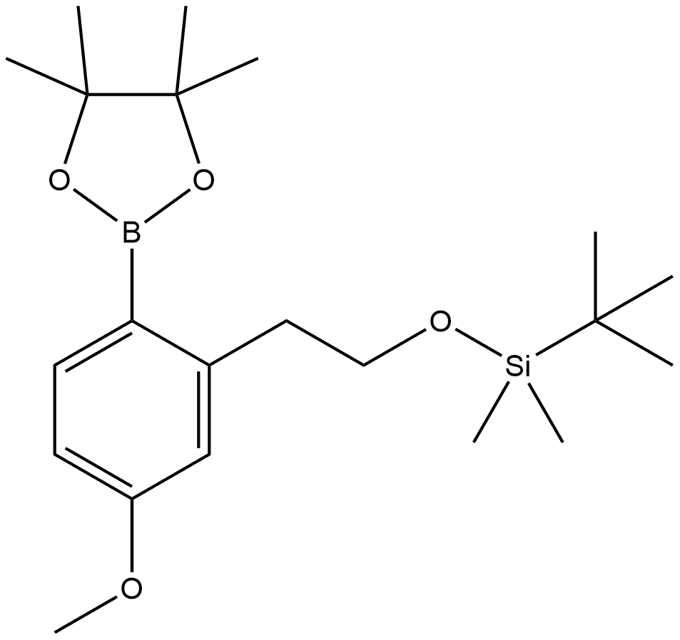 叔丁基(5-甲氧基-2-(4,4,5,5-四甲基-1,3,2-二氧硼杂环戊烷-2-基)苯乙氧基)二甲基硅烷 结构式