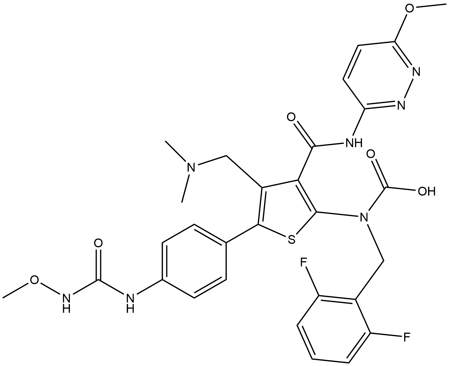 N-[(2,6-Difluorophenyl)methyl]-N-[4-[(dimethylamino)methyl]-5-[4-[[(methoxyamino)carbonyl]amino]phenyl]-3-[[(6-methoxy-3-pyridazinyl)amino]carbonyl]-2-thienyl]carbamic acid 结构式