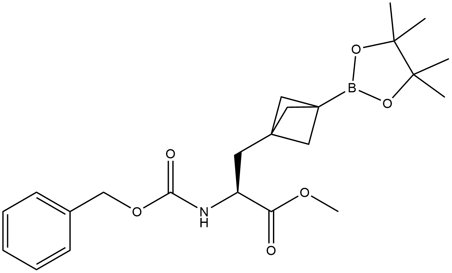 Methyl (αS )-α-[[(phenylmethoxy)carbonyl]amino]-3-(4,4,5,5-tetramethyl-1,3,2-dioxaborolan-2-yl)bicyclo[1.1.1]pentane-1-propanoate 结构式