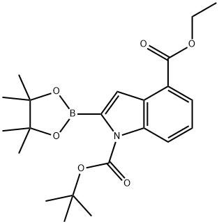 1-(叔丁基) 4-乙基 2-(4,4,5,5-四甲基-1,3,2-二氧硼杂环戊烷-2-基)-1H-吲哚-1,4-二羧酸酯 结构式