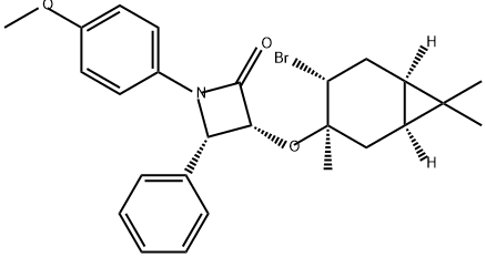 2-Azetidinone, 3-[[(1S,3R,4R,6R)-4-bromo-3,7,7-trimethylbicyclo[4.1.0]hept-3-yl]oxy]-1-(4-methoxyphenyl)-4-phenyl-, (3R,4S)- 结构式