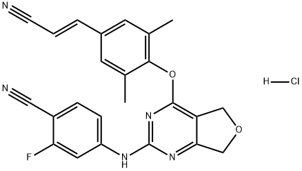 Benzonitrile, 4-[[4-[4-[(1E)-2-cyanoethenyl]-2,6-dimethylphenoxy]-5,7-dihydrofuro[3,4-d]pyrimidin-2-yl]amino]-2-fluoro-, hydrochloride (1:1) 结构式