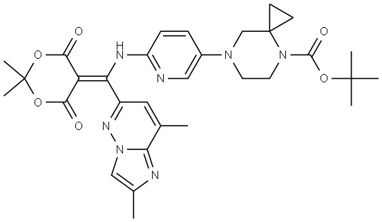 1,1-DIMETHYLETHYL 7-[6-[[(2,2-DIMETHYL-4,6-DIOXO-1,3-DIOXAN-5-YLIDENE)(2,8-DIMETHYLIMIDAZO[1,2-B]PYRIDAZIN-6-YL)METHYL]AMINO]-3-PYRIDINYL]-4,7-DIAZASPIRO[2.5]OC 结构式