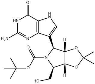 5H-1,3-Dioxolo4,5-cpyrrole-5-carboxylic acid, 4-(2-amino-4,5-dihydro-4-oxo-1H-pyrrolo3,2-dpyrimidin-7-yl)tetrahydro-6-(hydroxymethyl)-2,2-dimethyl-, 1,1-dimethylethyl ester, (3aS,4S,6R,6aR)- 结构式