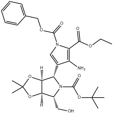 1H-Pyrrole-1,2-dicarboxylic acid, 3-amino-4-(3aS,4S,6R,6aR)-5-(1,1-dimethylethoxy)carbonyltetrahydro-6-(hydroxymethyl)-2,2-dimethyl-4H-1,3-dioxolo4,5-cpyrrol-4-yl-, 2-ethyl 1-(phenylmethyl) ester 结构式