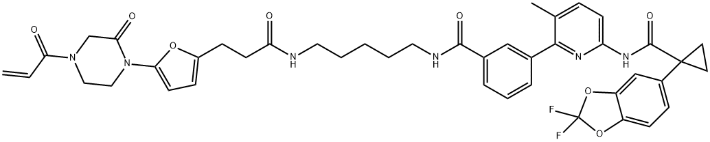 N-[5-[[3-[6-[[[1-(2,2-Difluoro-1,3-benzodioxol-5-yl)cyclopropyl]carbonyl]amino]-3-methyl-2-pyridinyl]benzoyl]amino]pentyl]-5-[2-oxo-4-(1-oxo-2-propen-1-yl)-1-piperazinyl]-2-furanpropanamide 结构式