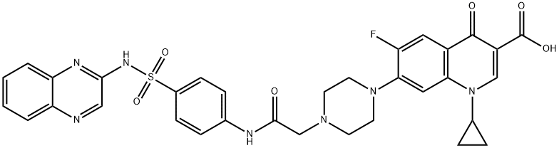 1-Cyclopropyl-6-fluoro-1,4-dihydro-4-oxo-7-[4-[2-oxo-2-[[4-[(2-quinoxalinylamino)sulfonyl]phenyl]amino]ethyl]-1-piperazinyl]-3-quinolinecarboxylic acid 结构式