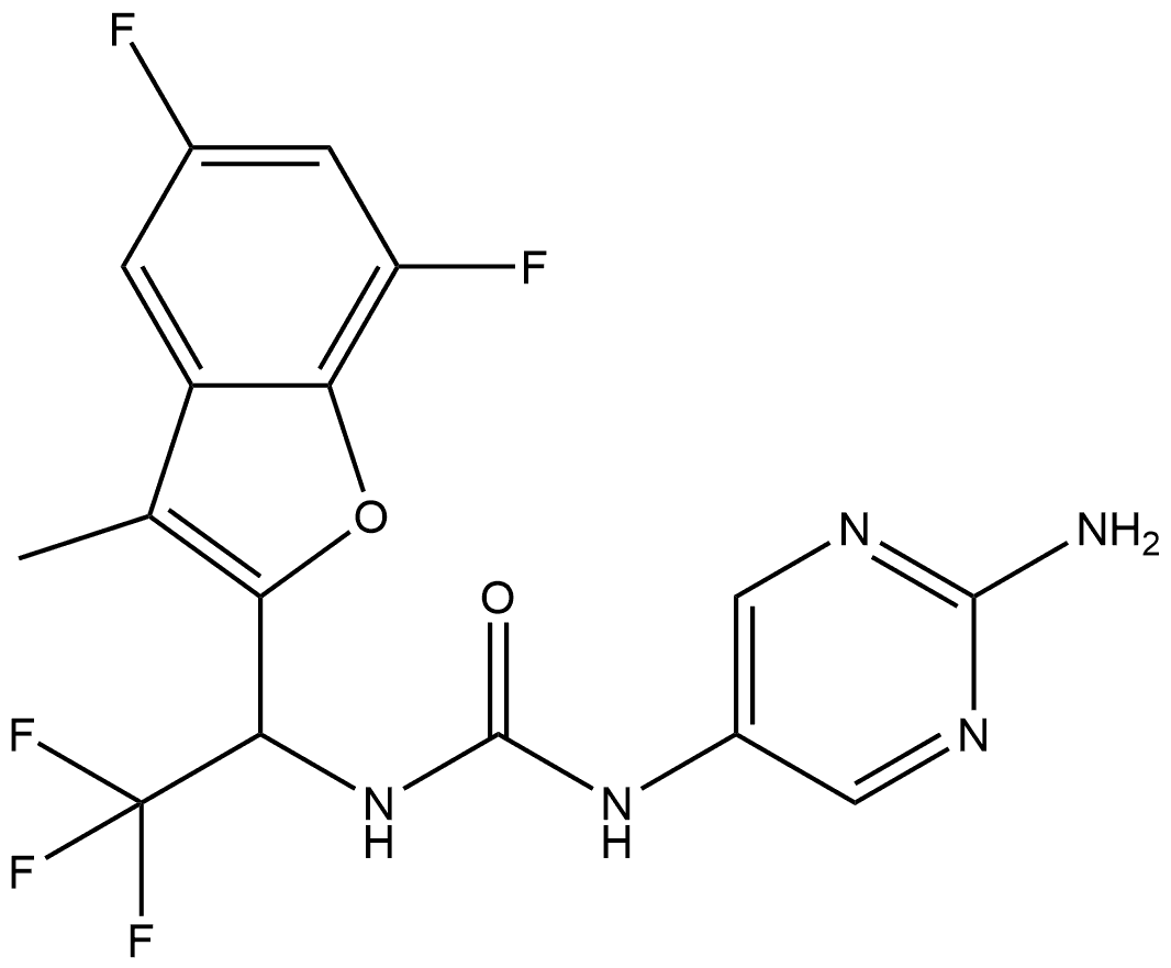 1-(2-氨基嘧啶-5-基)-3-(1-(5,7-二氟-3-甲基苯并呋喃-2-基)-2,2,2-三氟乙基)脲 结构式