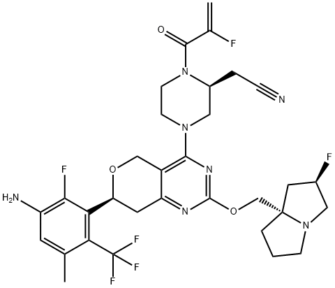 2-Piperazineacetonitrile, 4-[(7S)-7-[3-amino-2-fluoro-5-methyl-6-(trifluoromethyl)phenyl]-2-[[(2R,7aS)-2-fluorotetrahydro-1H-pyrrolizin-7a(5H)-yl]methoxy]-7,8-dihydro-5H-pyrano[4,3-d]pyrimidin-4-yl]-1-(2-fluoro-1-oxo-2-propen-1-yl)-, (2S)- 结构式