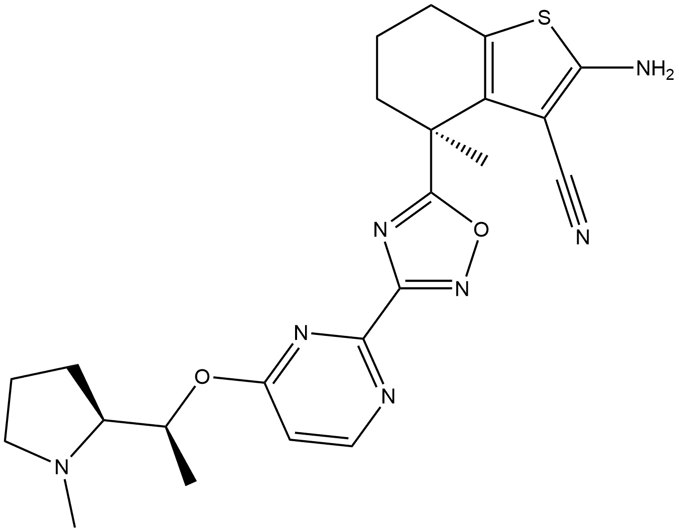 (4S)-2-氨基-4,5,6,7-四氢-4-甲基-4-[3-[4-[(1S)-1-[(2S)-1-甲基-2-吡咯烷基]乙氧基]-2-嘧啶基]-1,2,4-恶二唑-5-基]苯并[B]噻吩-3-甲腈 结构式