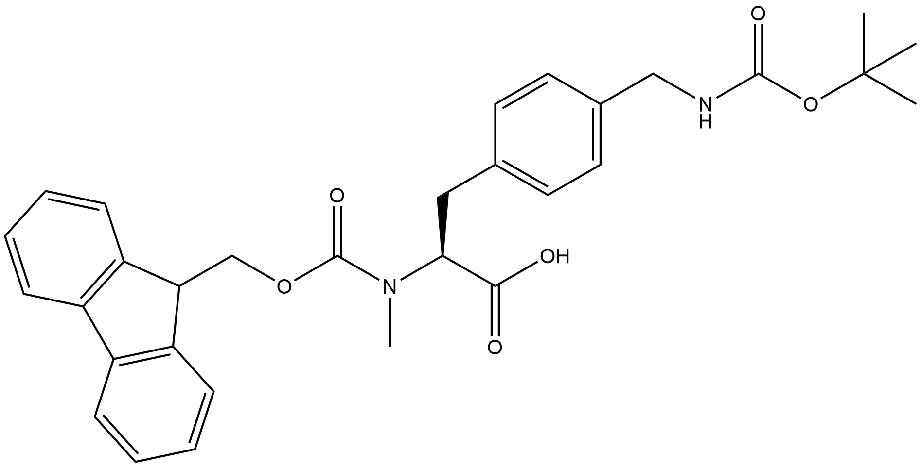 L-Phenylalanine, 4-[[[(1,1-dimethylethoxy)carbonyl]amino]methyl]-N-[(9H-fluoren-9-ylmethoxy)carbonyl]-N-methyl- 结构式