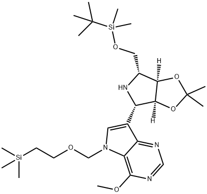 5H-Pyrrolo3,2-dpyrimidine, 7-(3aS,4S,6R,6aR)-6-(1,1-dimethylethyl)dimethylsilyloxymethyltetrahydro-2,2-dimethyl-4H-1,3-dioxolo4,5-cpyrrol-4-yl-4-methoxy-5-2-(trimethylsilyl)ethoxymethyl- 结构式