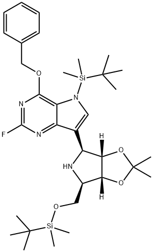 5H-Pyrrolo3,2-dpyrimidine, 5-(1,1-dimethylethyl)dimethylsilyl-7-(3aS,4S,6R,6aR)-6-(1,1-dimethylethyl)dimethylsilyloxymethyltetrahydro-2,2-dimethyl-4H-1,3-dioxolo4,5-cpyrrol-4-yl-2-fluoro-4-(phenylmethoxy)- 结构式
