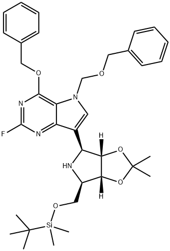 5H-Pyrrolo3,2-dpyrimidine, 7-(3aS,4S,6R,6aR)-6-(1,1-dimethylethyl)dimethylsilyloxymethyltetrahydro-2,2-dimethyl-4H-1,3-dioxolo4,5-cpyrrol-4-yl-2-fluoro-4-(phenylmethoxy)-5-(phenylmethoxy)methyl- 结构式