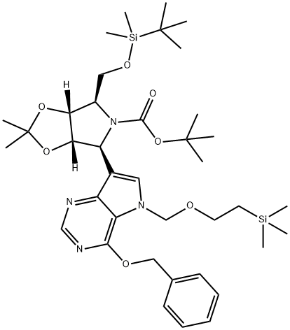 5H-1,3-Dioxolo4,5-cpyrrole-5-carboxylic acid, 4-(1,1-dimethylethyl)dimethylsilyloxymethyltetrahydro-2,2-dimethyl-6-4-(phenylmethoxy)-5-2-(trimethylsilyl)ethoxymethyl-5H-pyrrolo3,2-dpyrimidin-7-yl-, 1,1-dimethylethyl ester, (3aR,4R,6S,6aS)- 结构式