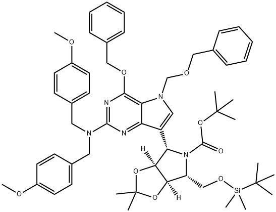 5H-1,3-Dioxolo4,5-cpyrrole-5-carboxylic acid, 4-2-bis(4-methoxyphenyl)methylamino-4-(phenylmethoxy)-5-(phenylmethoxy)methyl-5H-pyrrolo3,2-dpyrimidin-7-yl-6-(1,1-dimethylethyl)dimethylsilyloxymethyltetrahydro-2,2-dimethyl-, 1,1-dimethylethyl ester, (3aS,4S 结构式